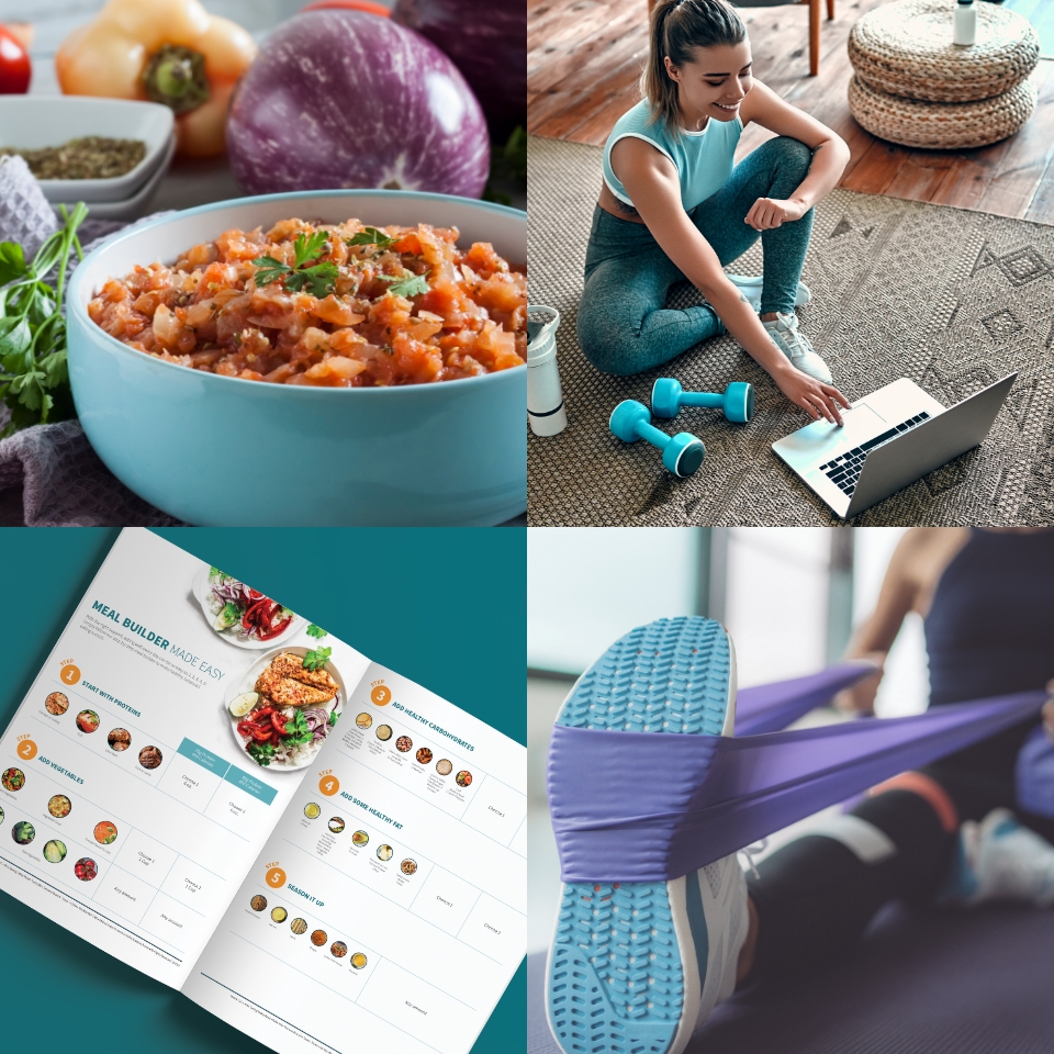 Image collage showing a woman in workout gear doing research on her laptop on the ground, a woman stretching a purple fitness band on her shoe, the inside of a meal planner, and a bowl containing a healthy recipe.